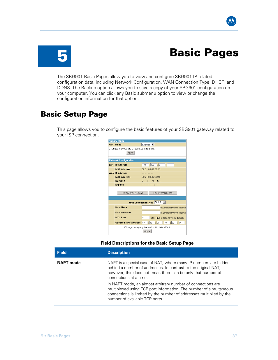 Basic pages, Basic setup page | Motorola SURFboard SBG901 User Manual | Page 38 / 86