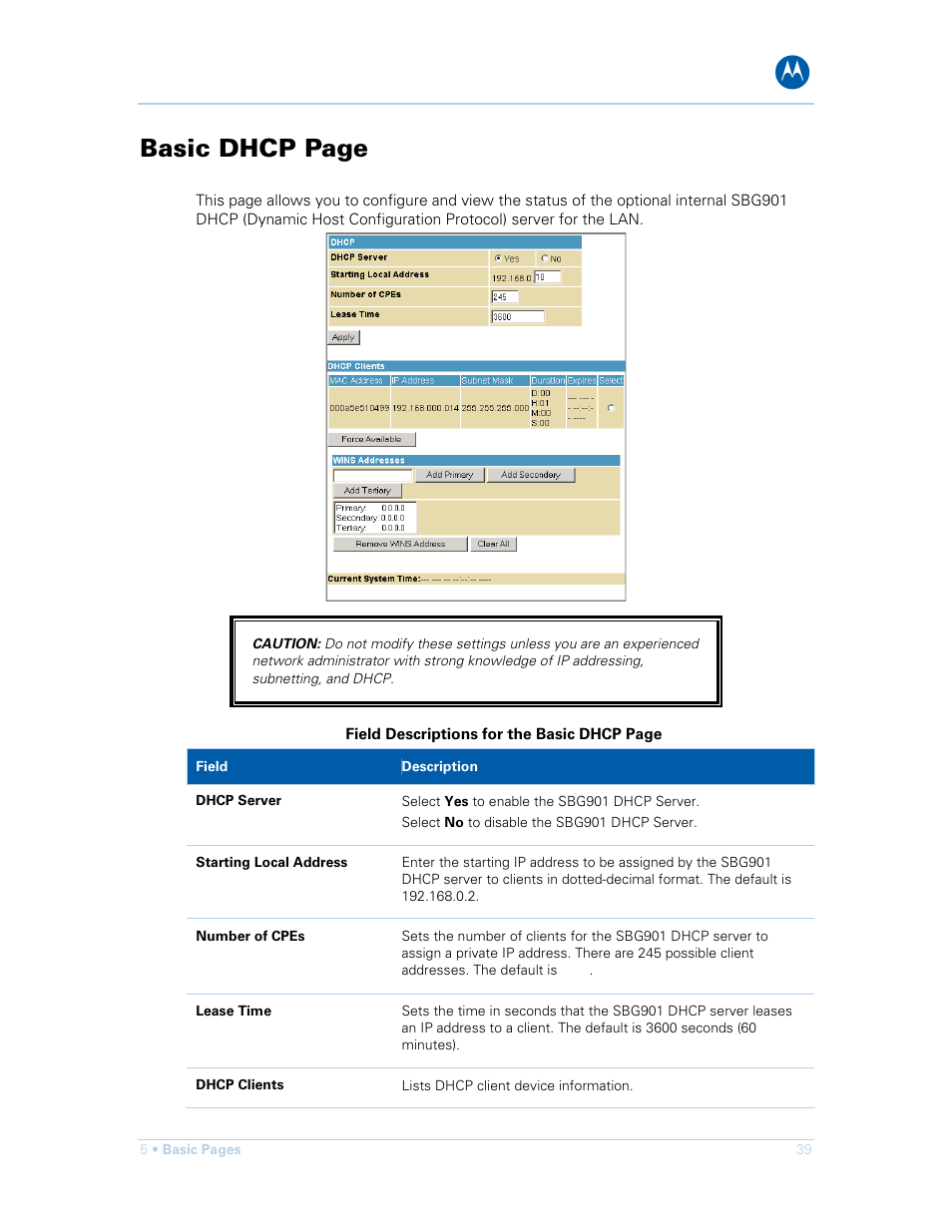 Basic dhcp page | Motorola SURFboard SBG901 User Manual | Page 40 / 86