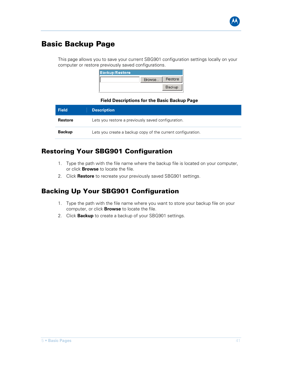 Restoring your sbg901 configuration, Backing up your sbg901 configuration, Basic backup page | Motorola SURFboard SBG901 User Manual | Page 42 / 86