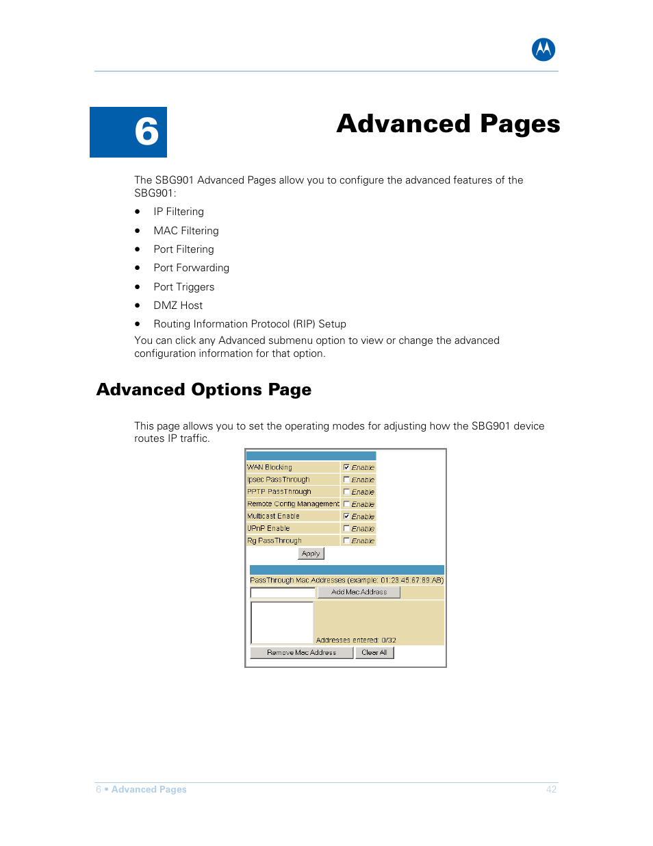 Advanced pages, Advanced options page | Motorola SURFboard SBG901 User Manual | Page 43 / 86