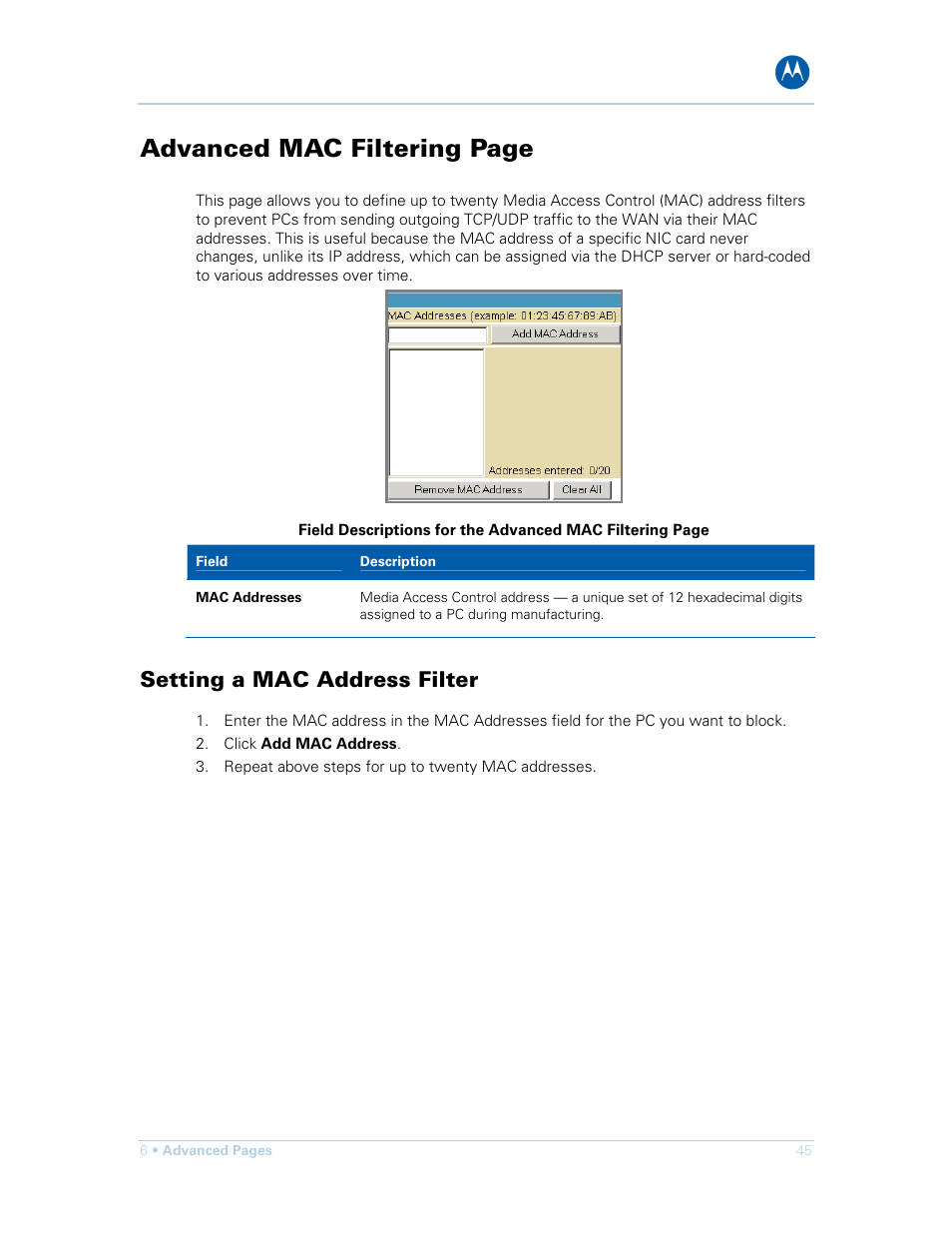 Setting a mac address filter, Advanced mac filtering page | Motorola SURFboard SBG901 User Manual | Page 46 / 86