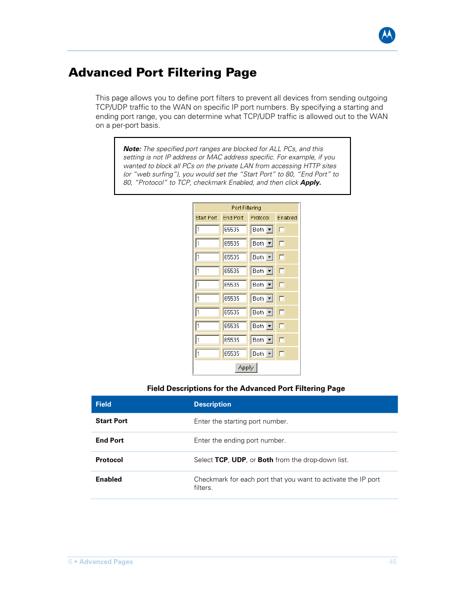 Advanced port filtering page | Motorola SURFboard SBG901 User Manual | Page 47 / 86