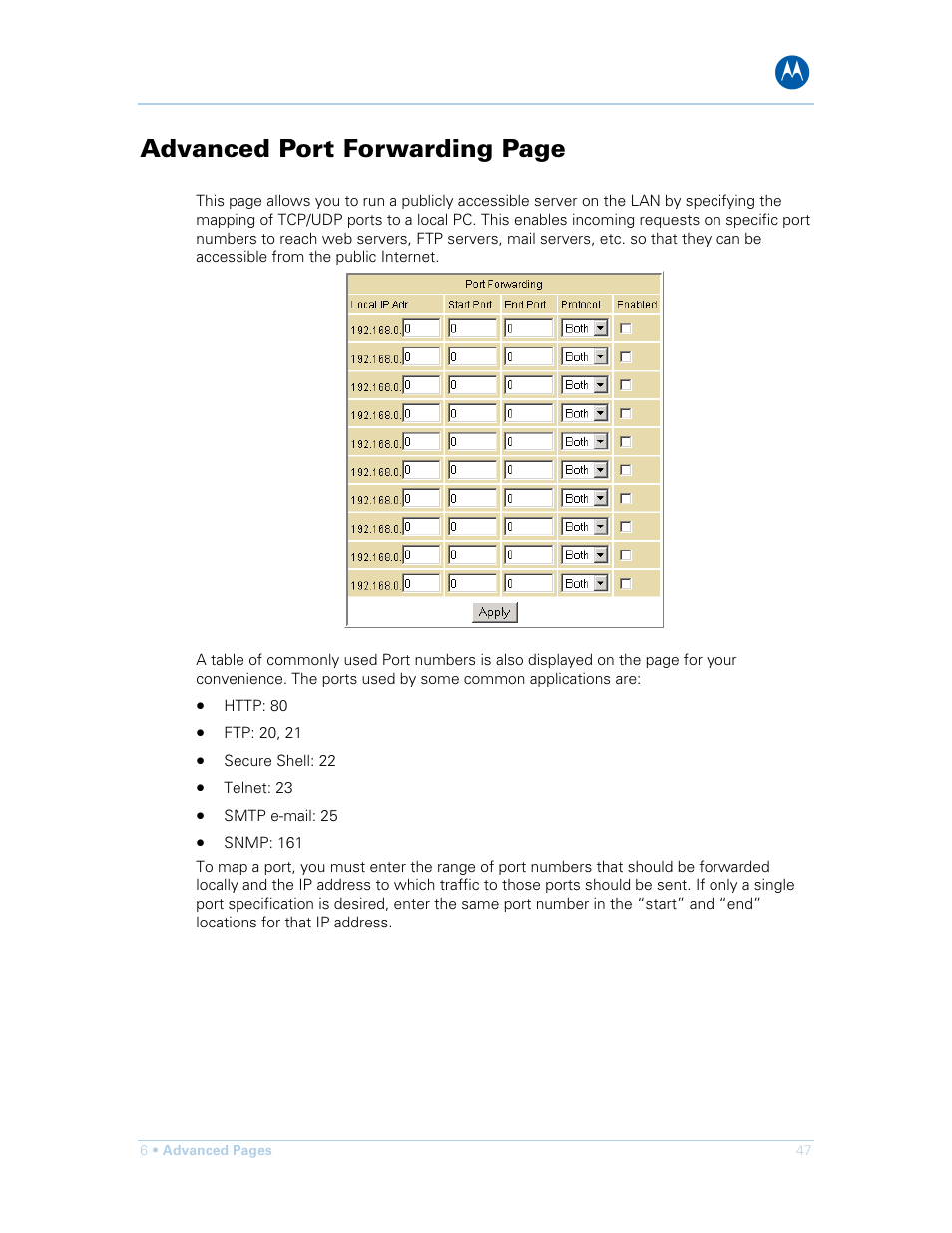 Advanced port forwarding page | Motorola SURFboard SBG901 User Manual | Page 48 / 86