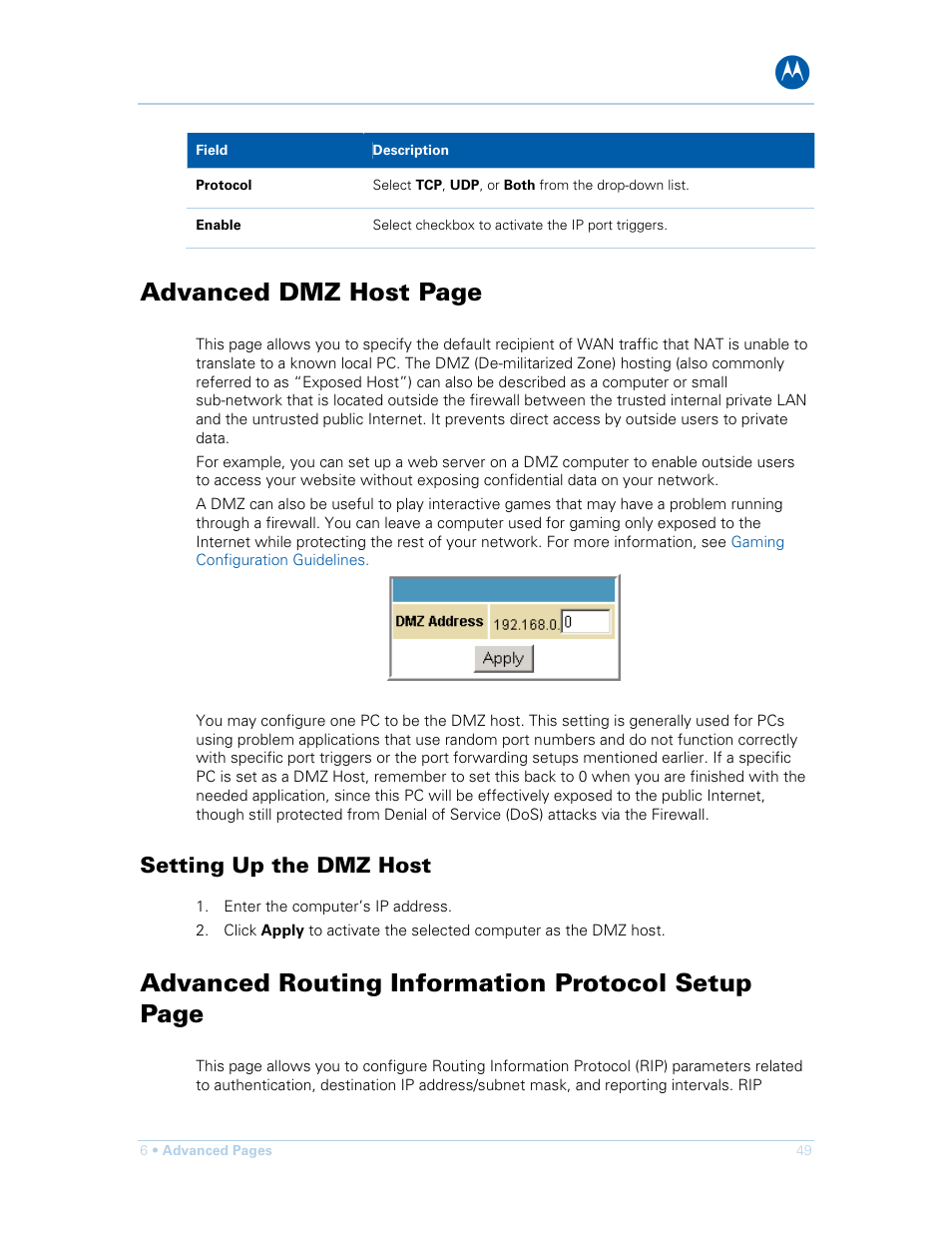 Setting up the dmz host, Advanced dmz host page, Advanced routing information protocol setup page | Motorola SURFboard SBG901 User Manual | Page 50 / 86