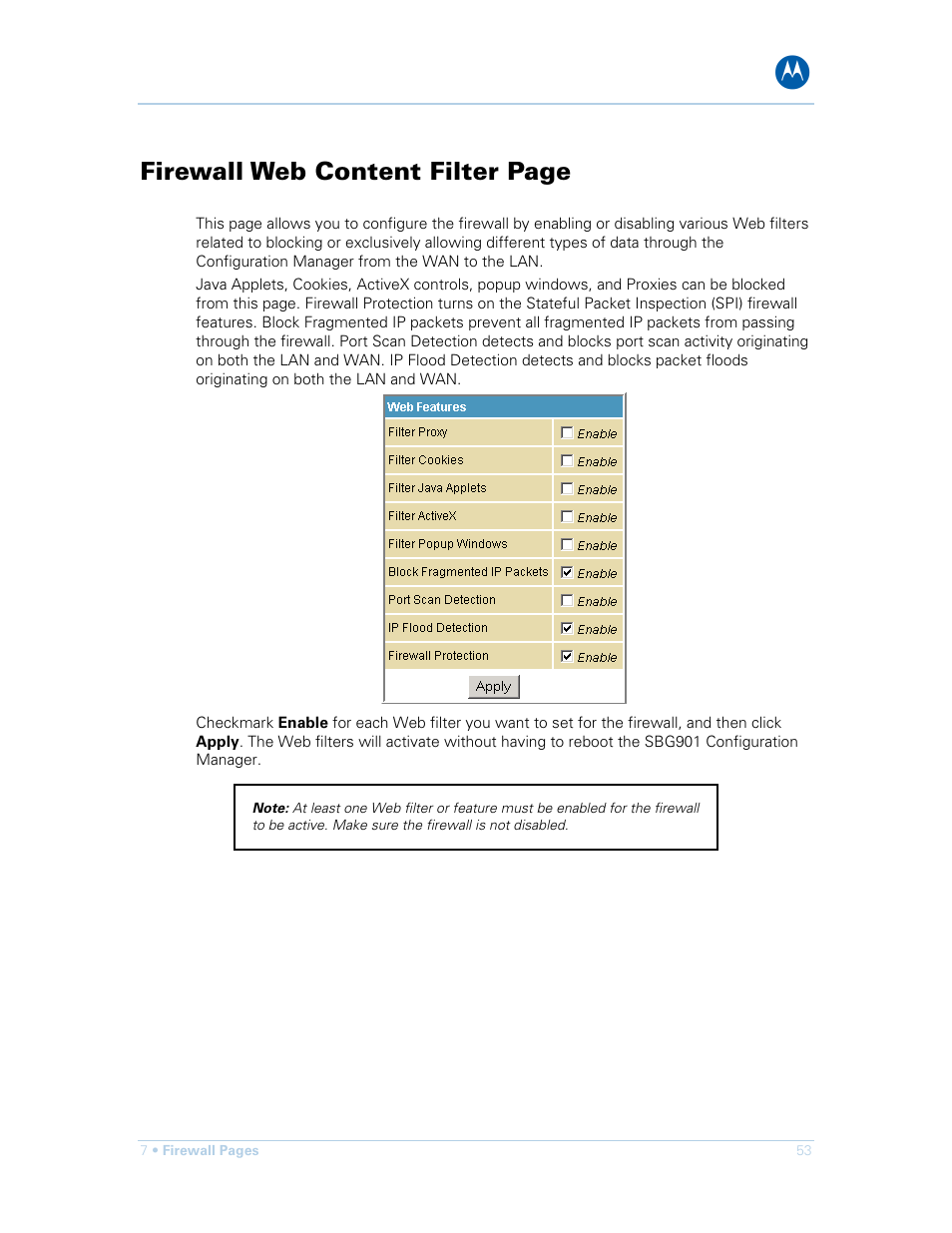 Firewall web content filter page | Motorola SURFboard SBG901 User Manual | Page 54 / 86