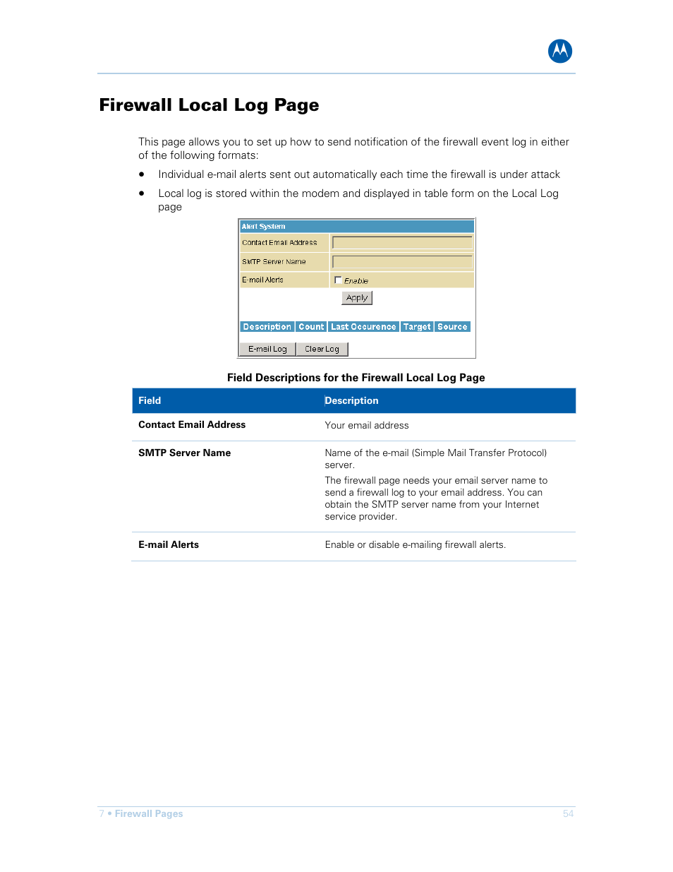 Firewall local log page | Motorola SURFboard SBG901 User Manual | Page 55 / 86