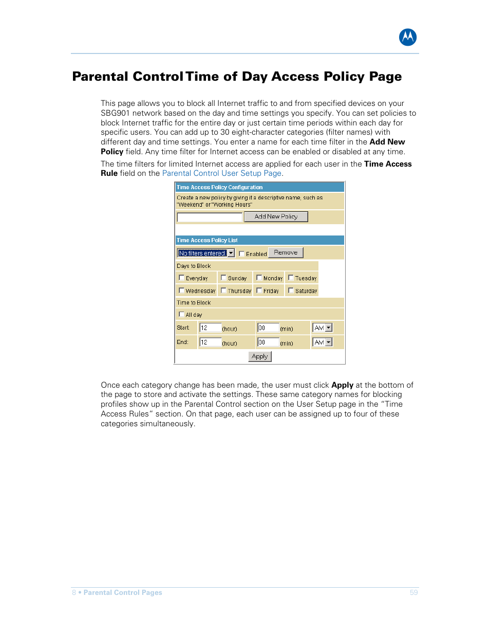 Parental control time of day access policy page | Motorola SURFboard SBG901 User Manual | Page 60 / 86
