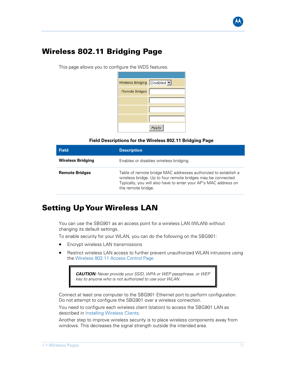 Setting up your wireless lan, Setting up, Your wireless lan | Motorola SURFboard SBG901 User Manual | Page 73 / 86
