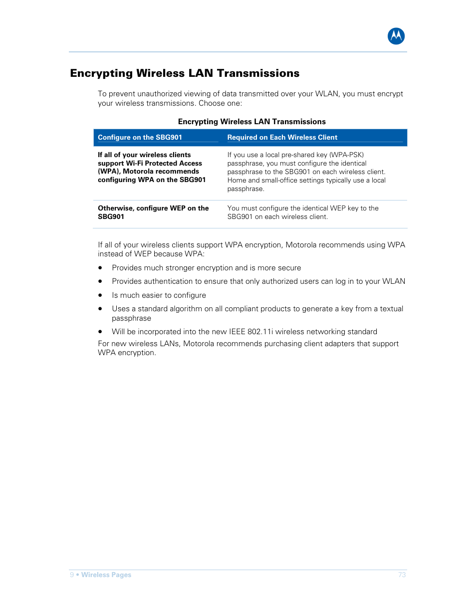 Encrypting wireless lan transmissions | Motorola SURFboard SBG901 User Manual | Page 74 / 86