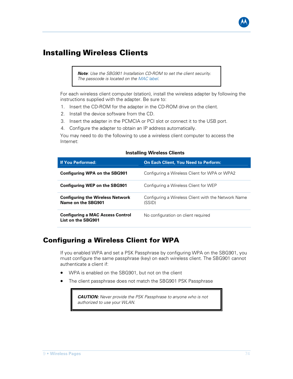 Installing wireless clients, Configuring a wireless client for wpa | Motorola SURFboard SBG901 User Manual | Page 75 / 86