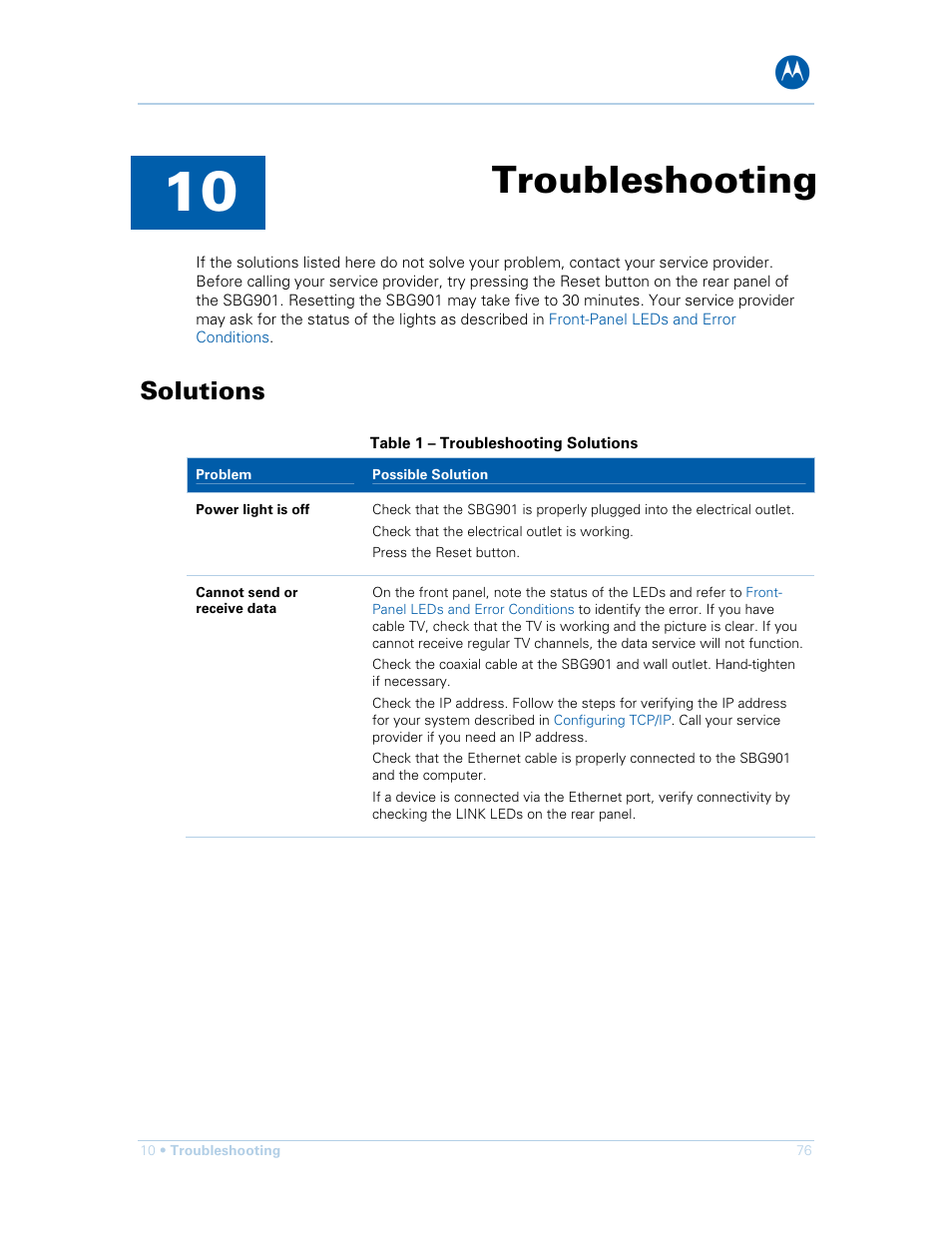 Troubleshooting, Solutions | Motorola SURFboard SBG901 User Manual | Page 77 / 86