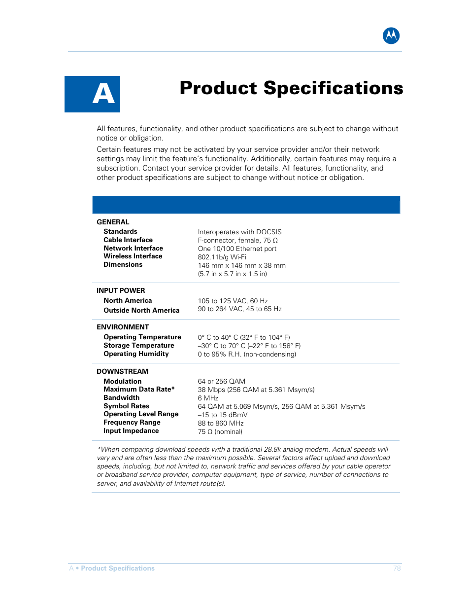 Product specifications | Motorola SURFboard SBG901 User Manual | Page 79 / 86