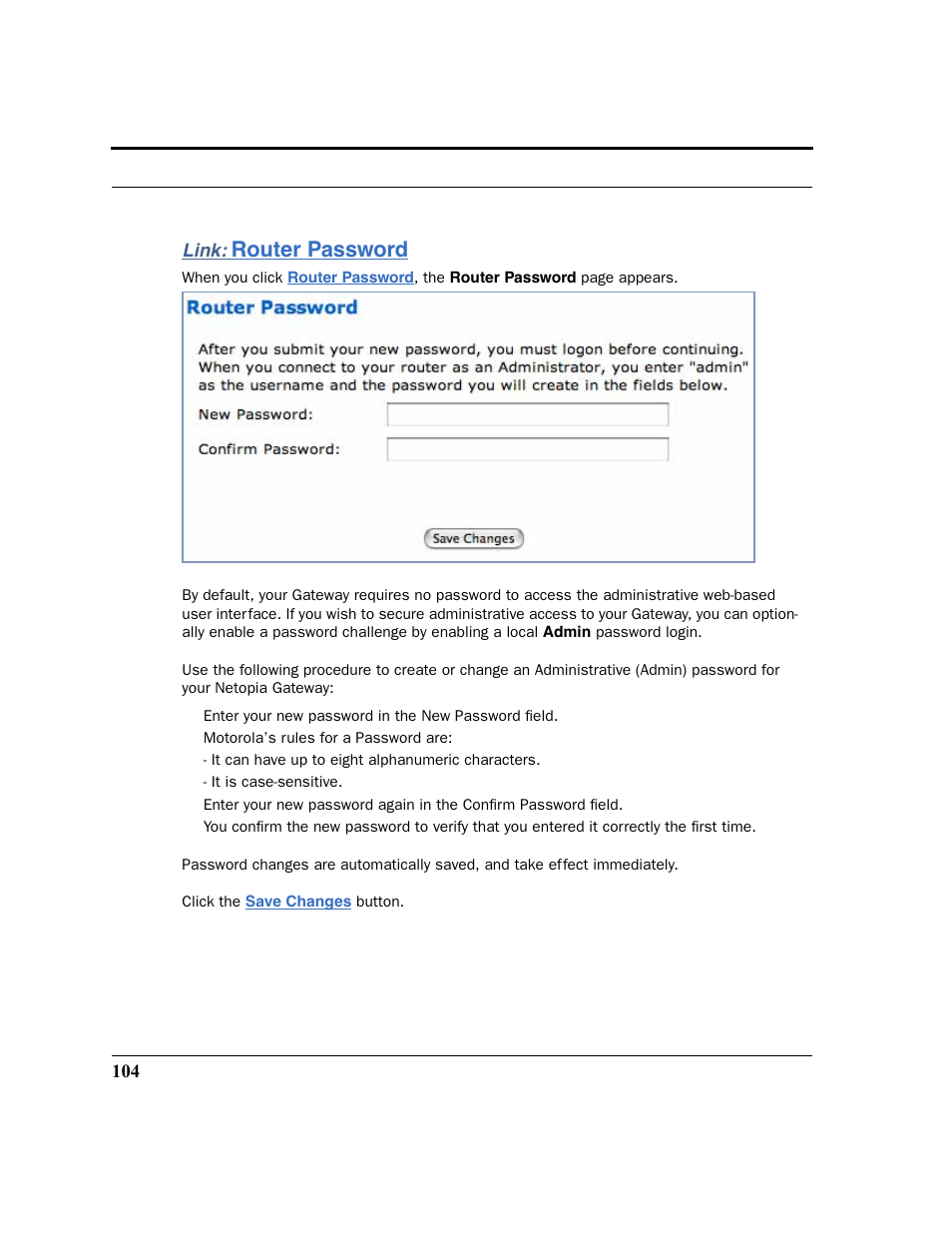 Link: router password, Router password | Motorola 3347 User Manual | Page 104 / 351