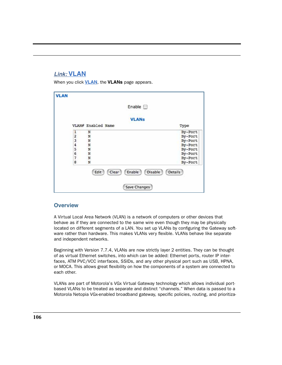 Link: vlan, Overview, Vlan | Motorola 3347 User Manual | Page 106 / 351