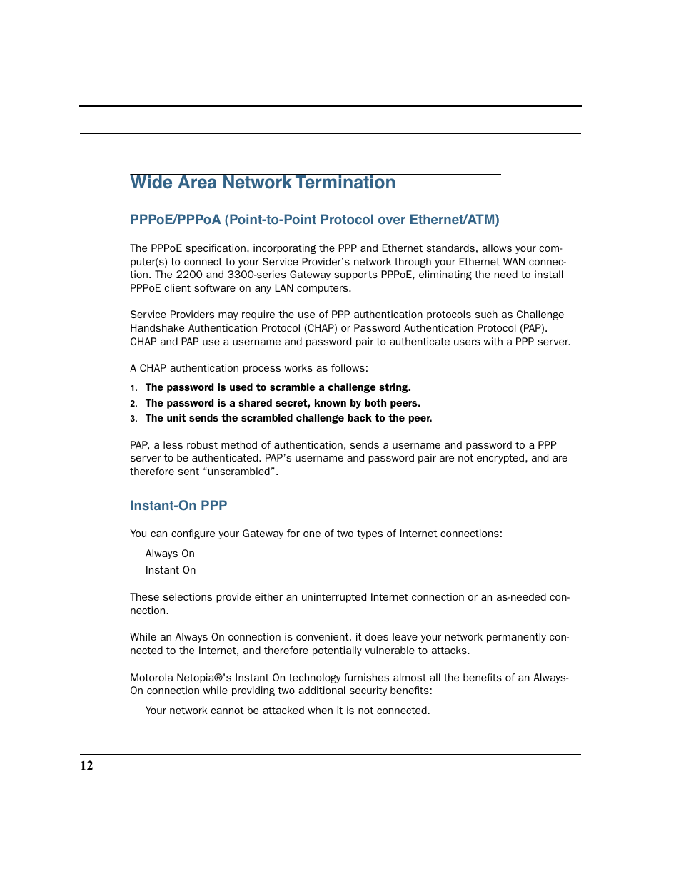 Wide area network termination, Instant-on ppp | Motorola 3347 User Manual | Page 12 / 351