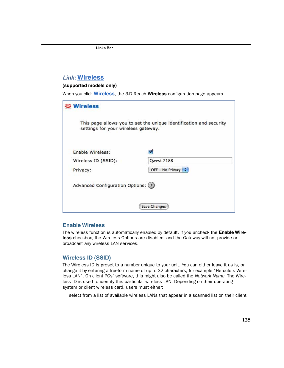 Link: wireless, Enable wireless, Wireless id (ssid) | Wireless | Motorola 3347 User Manual | Page 125 / 351