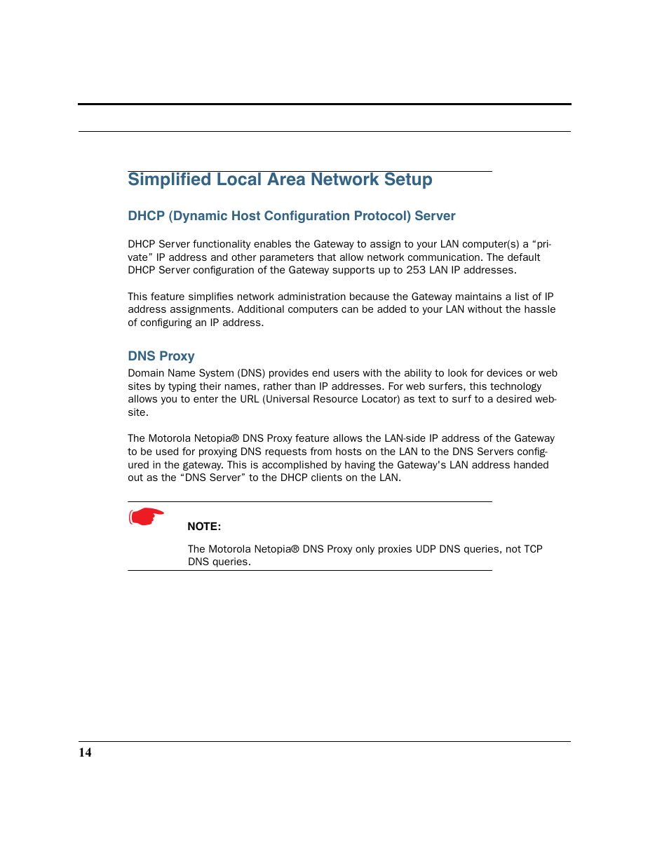 Simplified local area network setup, Dhcp (dynamic host configuration protocol) server, Dns proxy | Simpliﬁed local area network setup | Motorola 3347 User Manual | Page 14 / 351