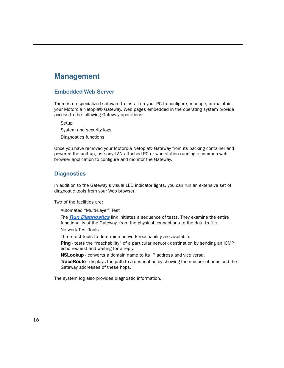 Management, Embedded web server, Diagnostics | Motorola 3347 User Manual | Page 16 / 351