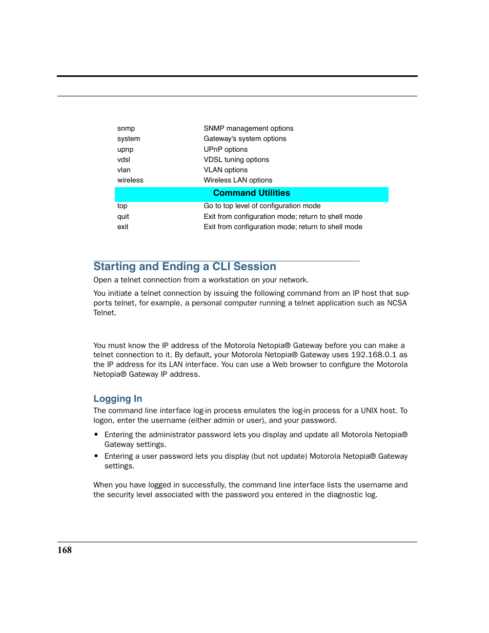 Starting and ending a cli session, Logging in | Motorola 3347 User Manual | Page 168 / 351