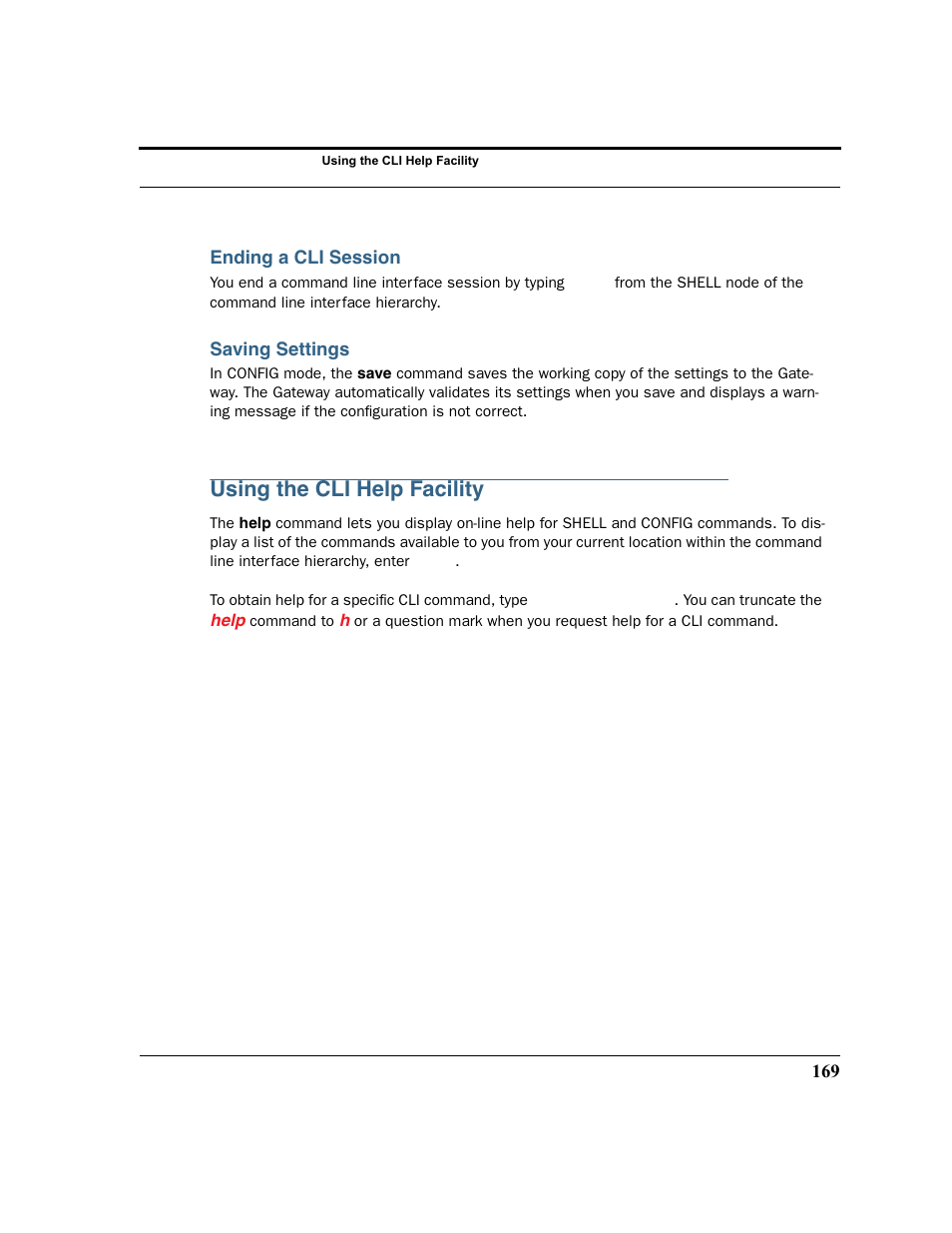 Ending a cli session, Saving settings, Using the cli help facility | Motorola 3347 User Manual | Page 169 / 351