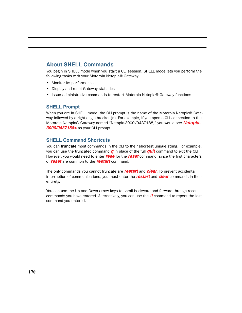 About shell commands, Shell prompt, Shell command shortcuts | Motorola 3347 User Manual | Page 170 / 351