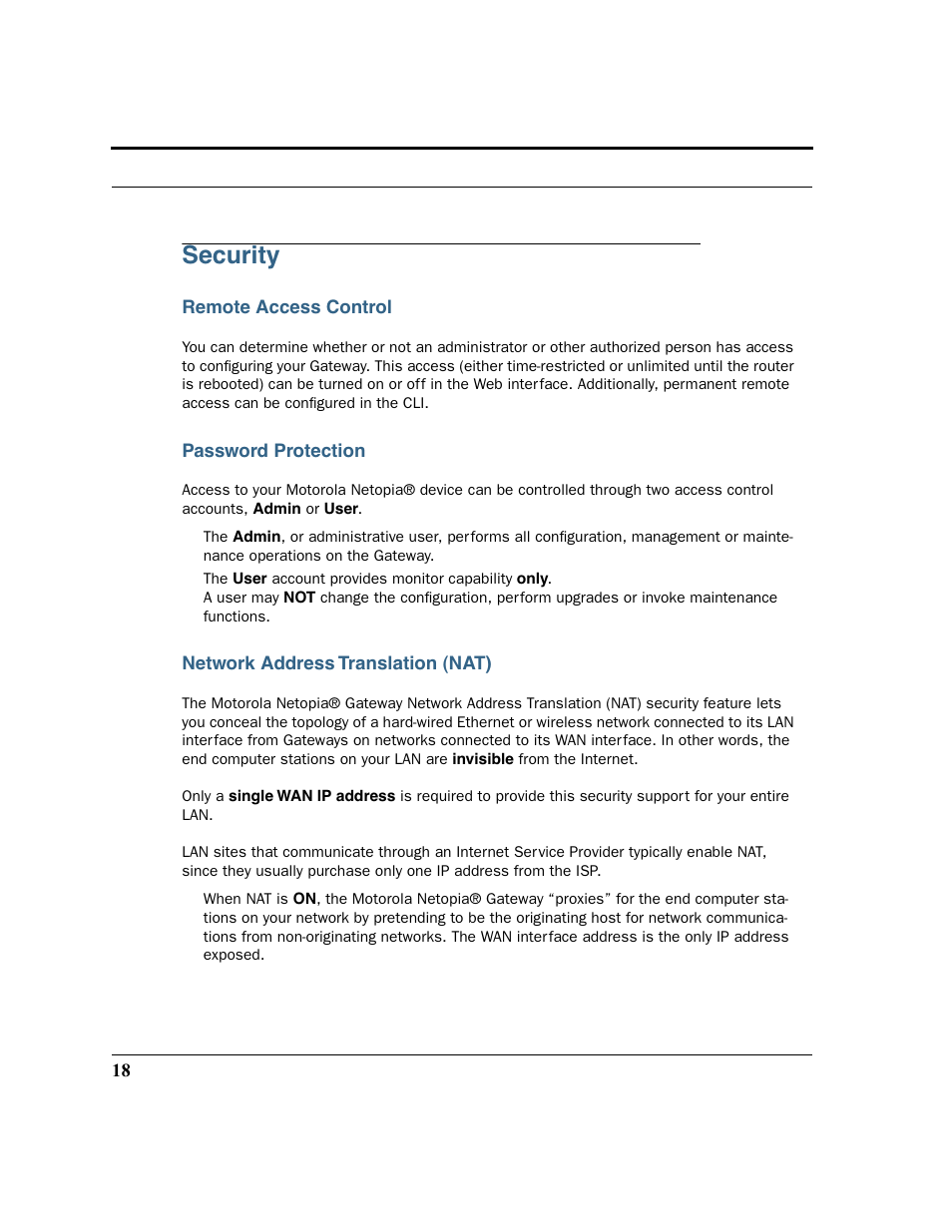 Security, Remote access control, Password protection | Network address translation (nat) | Motorola 3347 User Manual | Page 18 / 351