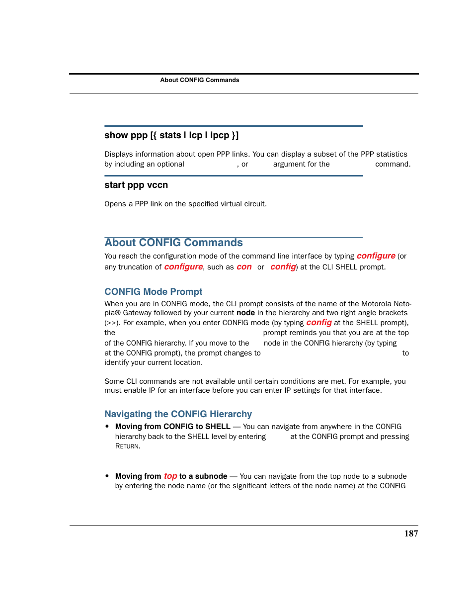 About config commands, Config mode prompt, Navigating the config hierarchy | Motorola 3347 User Manual | Page 187 / 351