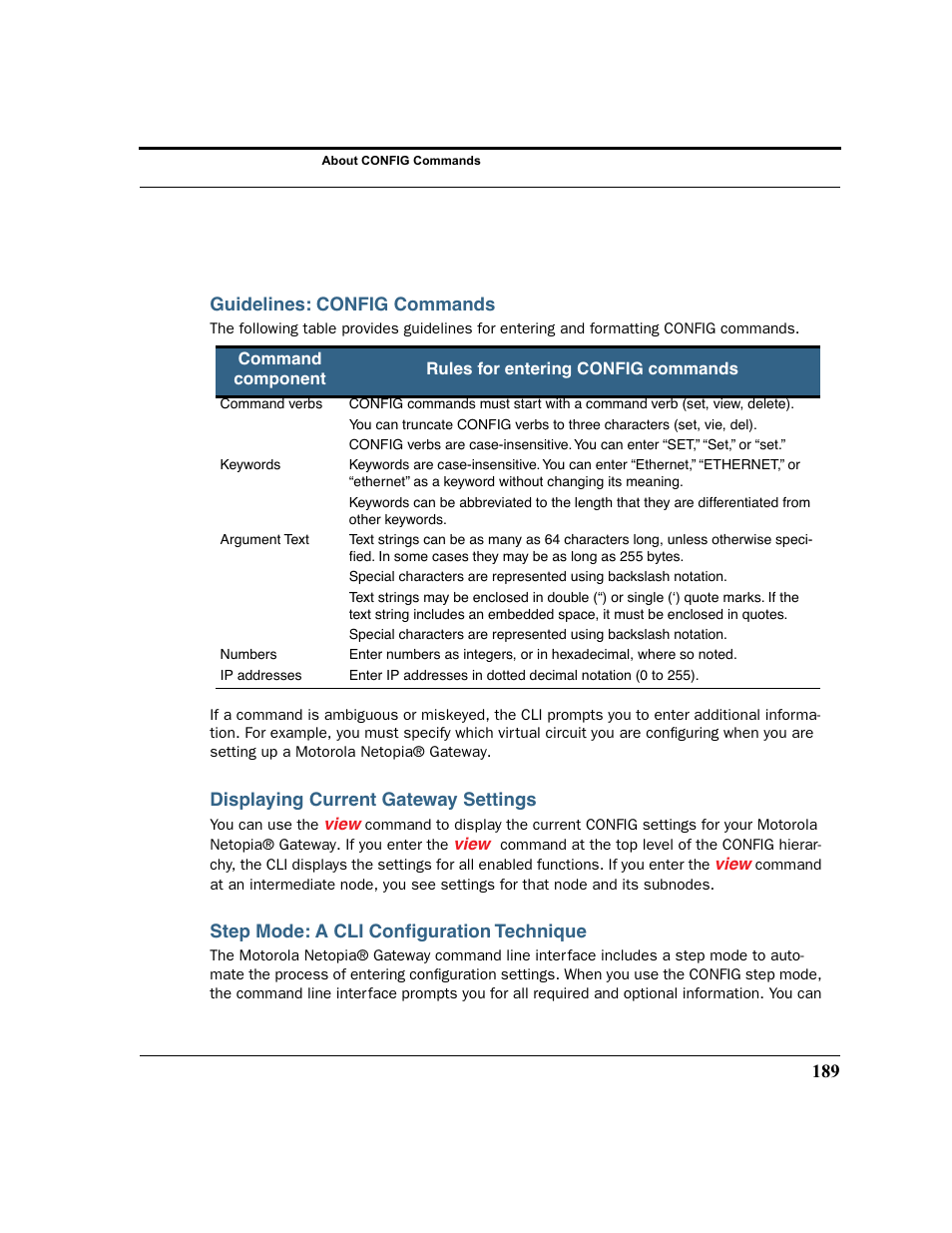 Guidelines: config commands, Displaying current gateway settings, Step mode: a cli configuration technique | Motorola 3347 User Manual | Page 189 / 351