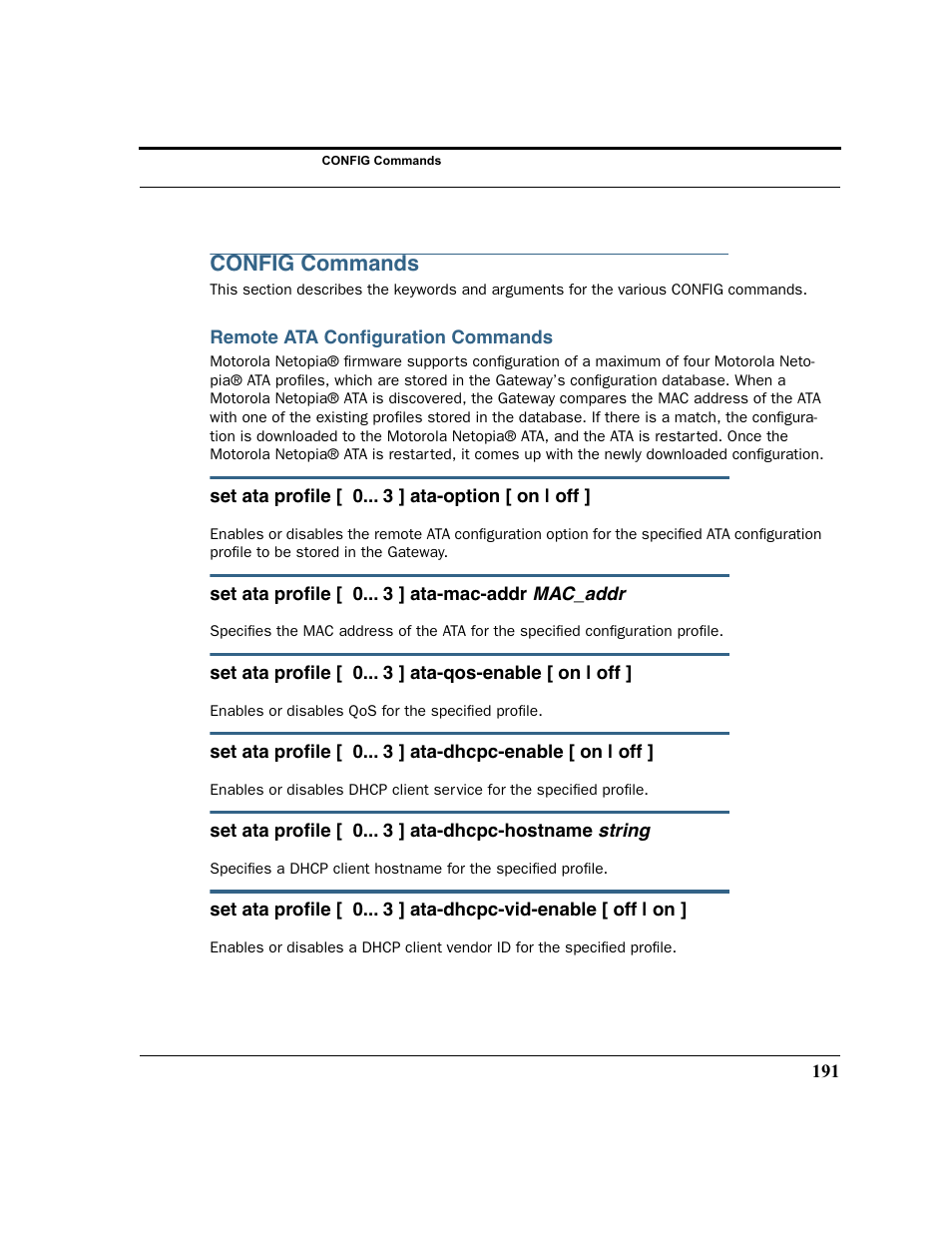 Config commands, Remote ata configuration commands | Motorola 3347 User Manual | Page 191 / 351