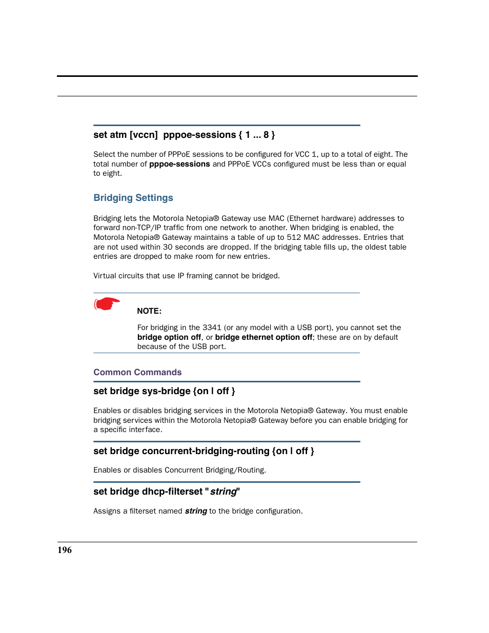 Bridging settings | Motorola 3347 User Manual | Page 196 / 351