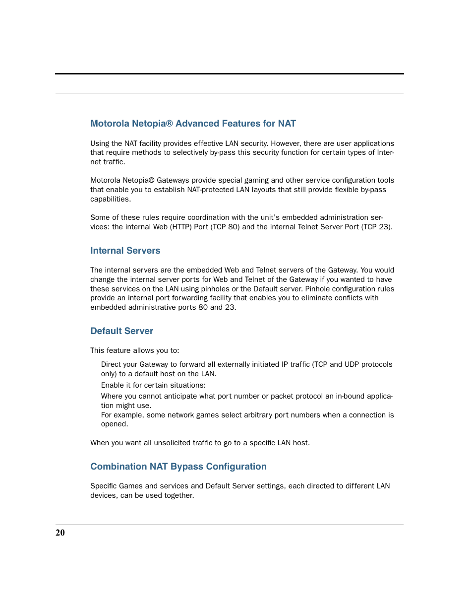 Motorola netopia® advanced features for nat, Internal servers, Default server | Combination nat bypass configuration | Motorola 3347 User Manual | Page 20 / 351