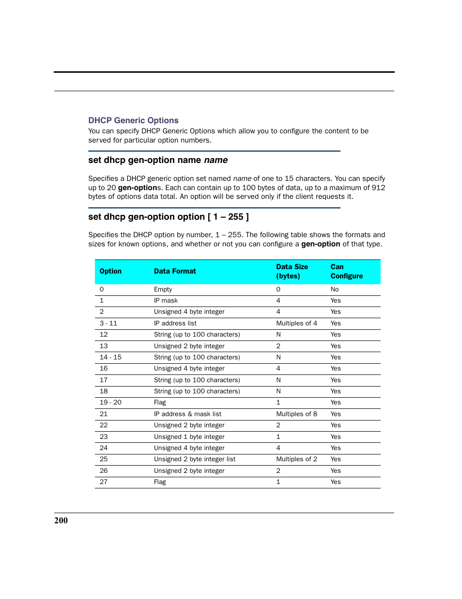 Ticular dhcp client. see, Dhcp, Name | Set dhcp gen-option name, Set dhcp gen-option option [ 1 – 255 | Motorola 3347 User Manual | Page 200 / 351