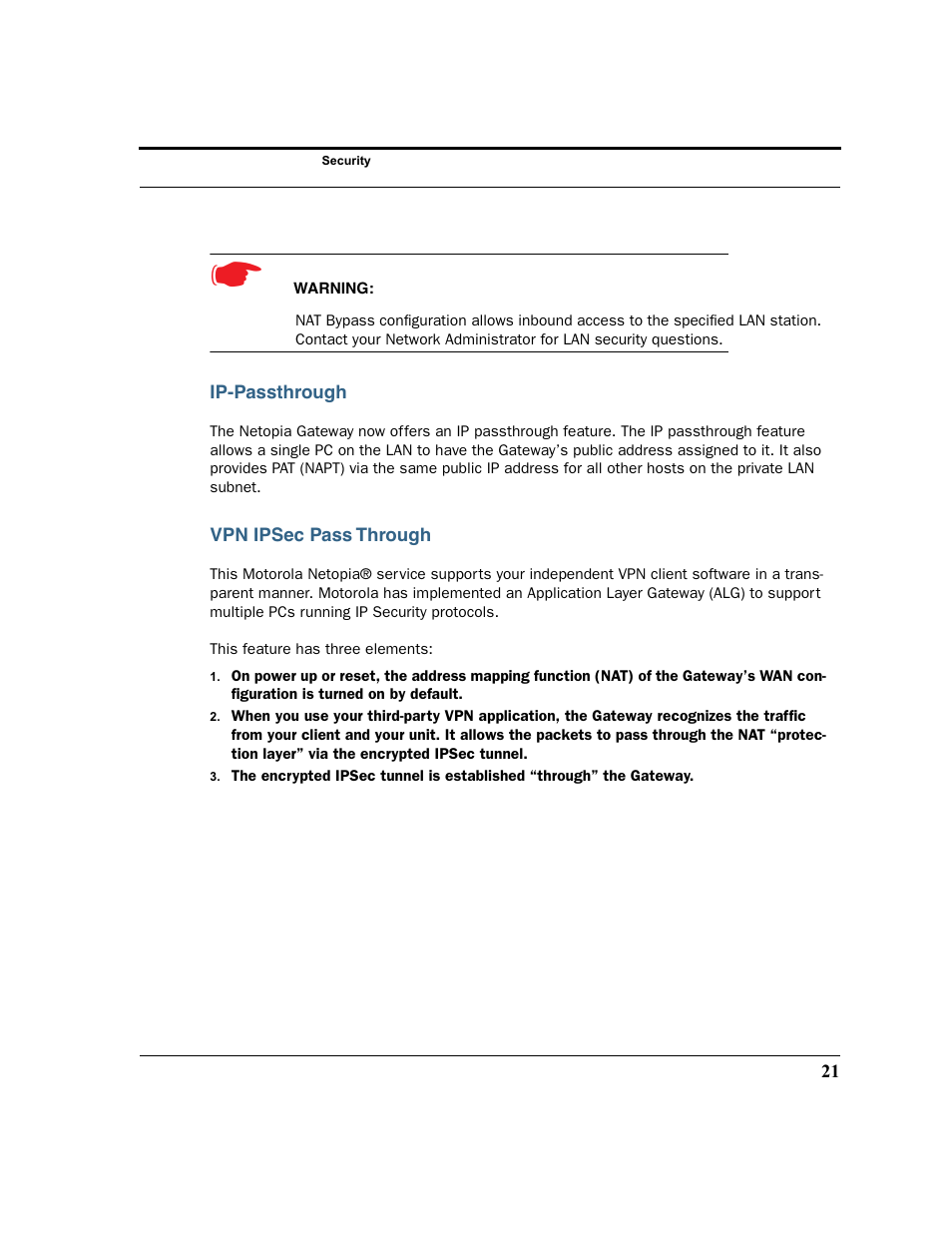 Ip-passthrough, Vpn ipsec pass through | Motorola 3347 User Manual | Page 21 / 351