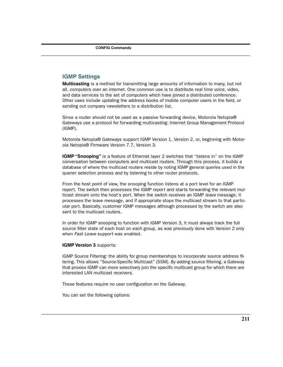 Igmp settings | Motorola 3347 User Manual | Page 211 / 351