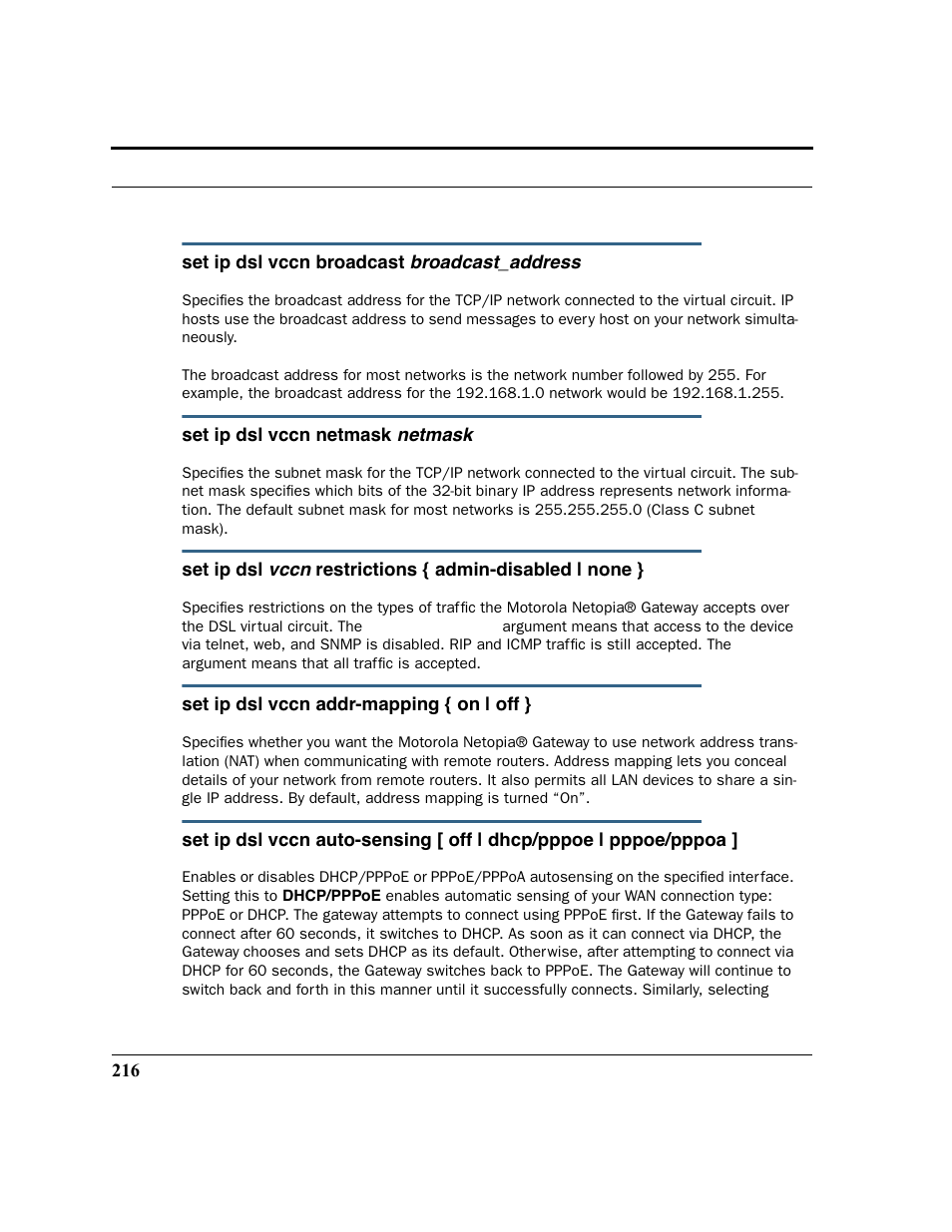 Ed in the cli. see the command, Set ip dsl vccn | Motorola 3347 User Manual | Page 216 / 351