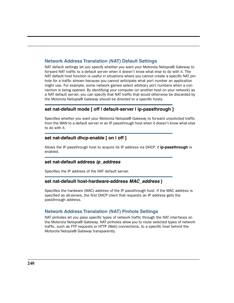 Network address translation (nat) default settings, Network address translation (nat) pinhole settings | Motorola 3347 User Manual | Page 240 / 351