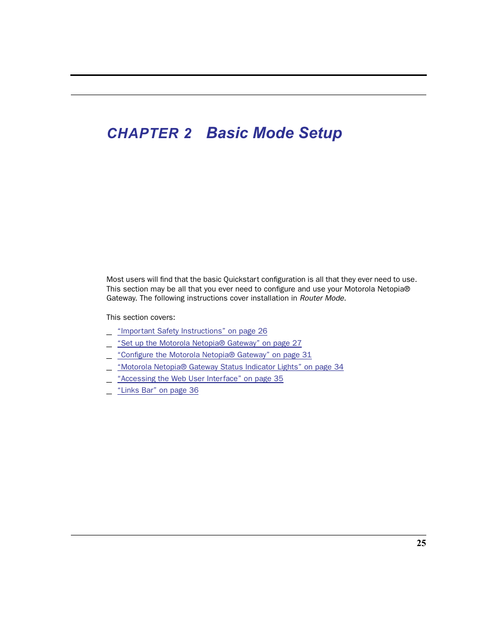 Chapter 2 basic mode setup, Chapter 2, Basic mode setup | Motorola 3347 User Manual | Page 25 / 351