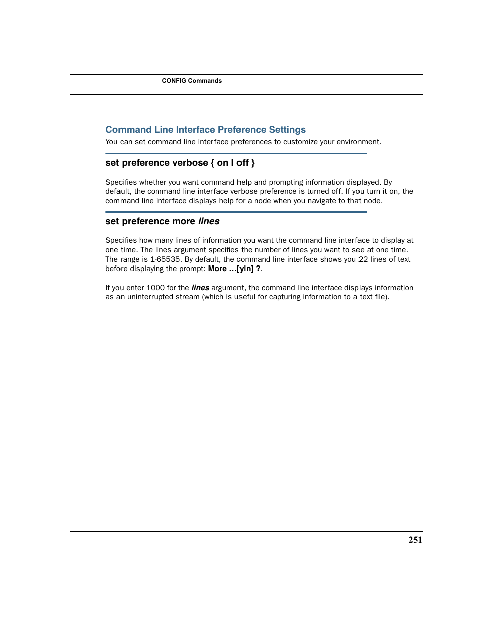 Command line interface preference settings | Motorola 3347 User Manual | Page 251 / 351