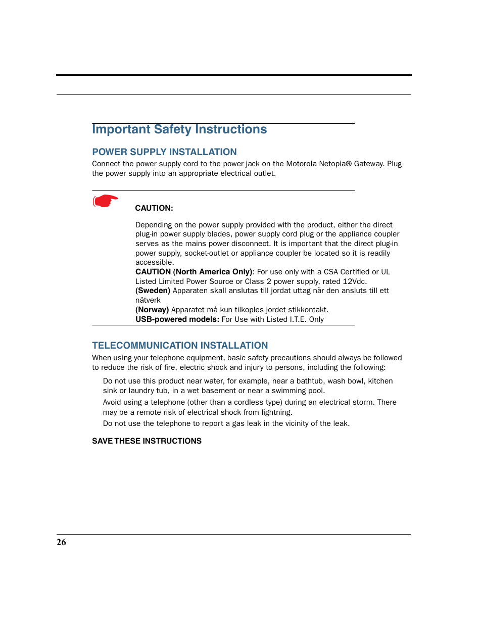 Important safety instructions, Power supply installation, Telecommunication installation | Motorola 3347 User Manual | Page 26 / 351