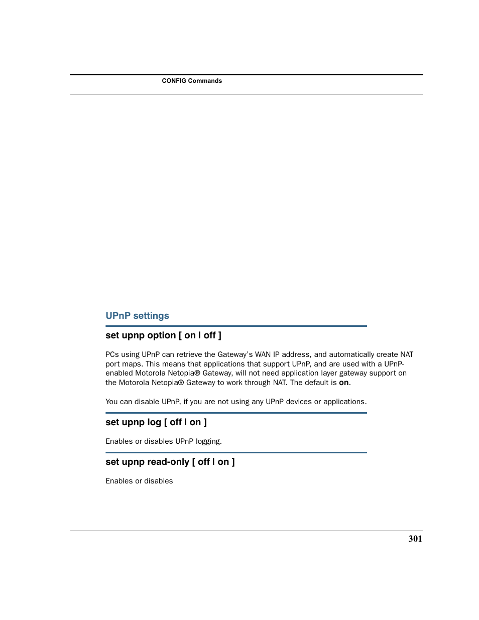 Upnp settings, Upnp settings set upnp option [ on | off, Set upnp log [ off | on | Set upnp read-only [ off | on | Motorola 3347 User Manual | Page 301 / 351