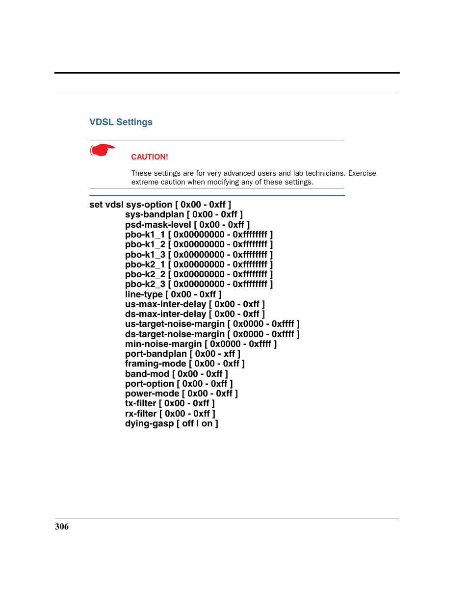 Vdsl settings | Motorola 3347 User Manual | Page 306 / 351