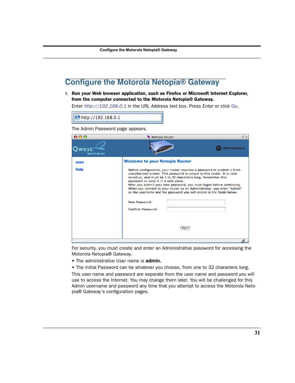 Configure the motorola netopia® gateway, Oceed to, Configure the motorola | Conﬁgure the motorola netopia® gateway | Motorola 3347 User Manual | Page 31 / 351