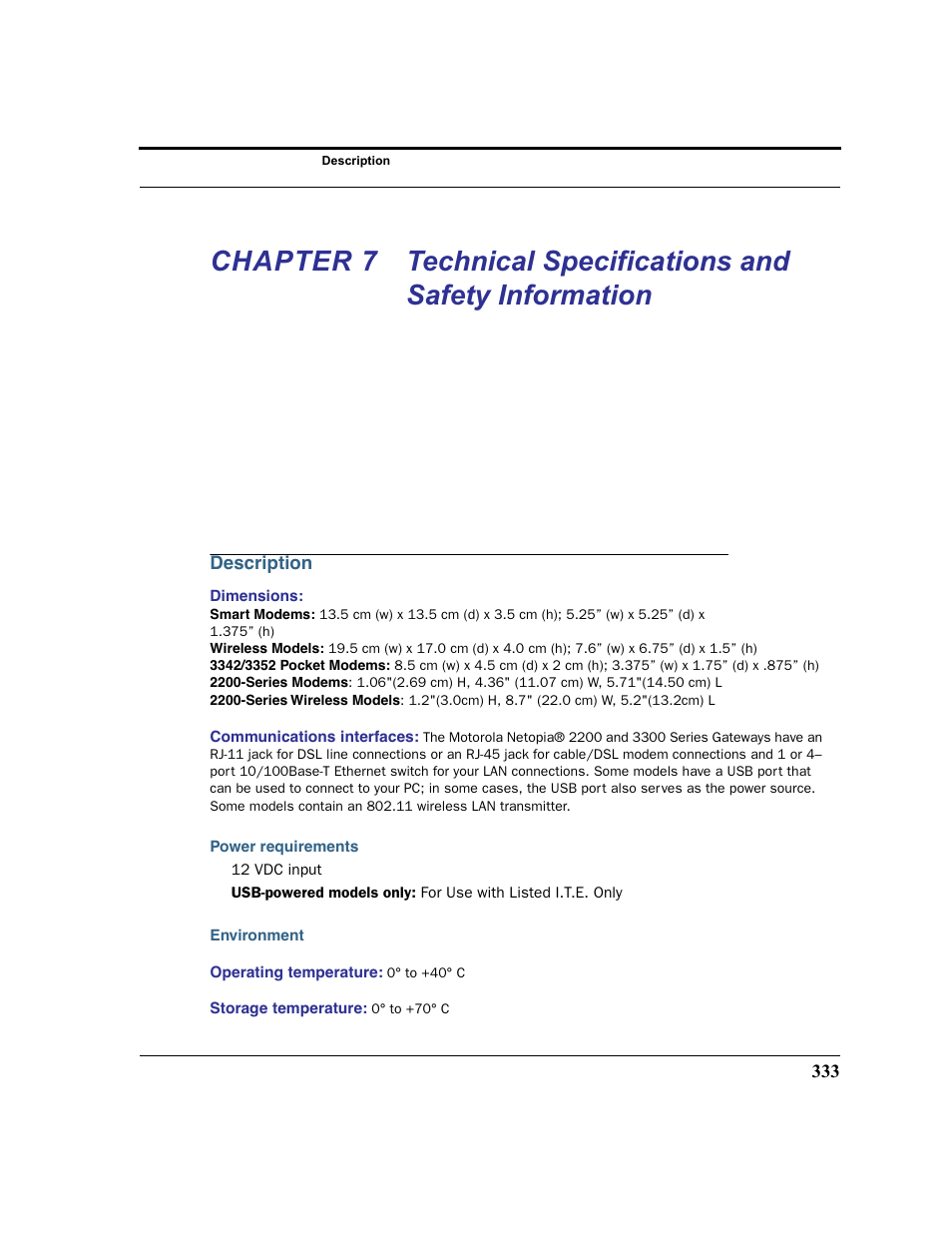 Description, Power requirements, Environment | Chapter 7, Technical speciﬁcations and safety information | Motorola 3347 User Manual | Page 333 / 351