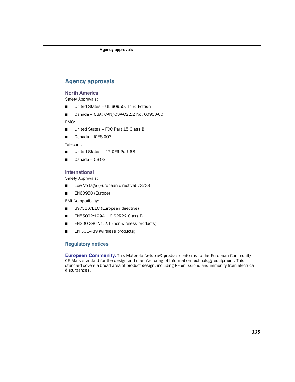 Agency approvals, Regulatory notices | Motorola 3347 User Manual | Page 335 / 351