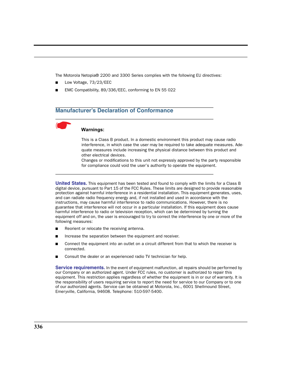 Manufacturer’s declaration of conformance | Motorola 3347 User Manual | Page 336 / 351