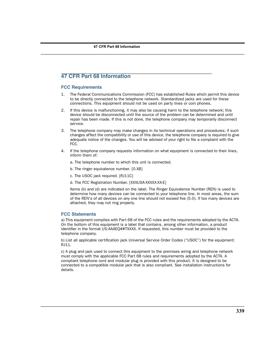 47 cfr part 68 information, Fcc requirements, Fcc statements | Motorola 3347 User Manual | Page 339 / 351