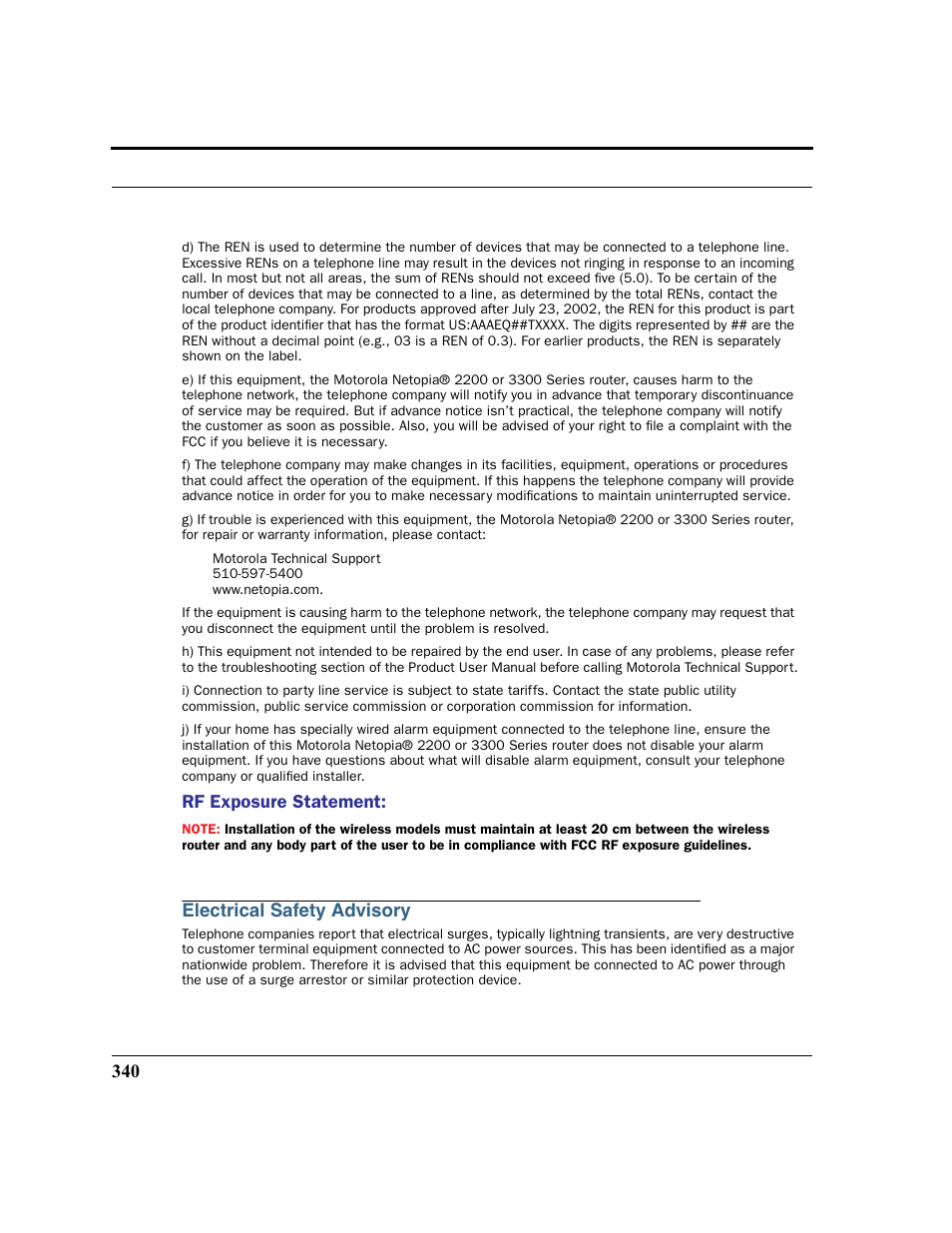 Electrical safety advisory | Motorola 3347 User Manual | Page 340 / 351