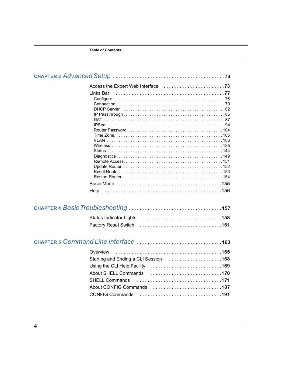 Advanced setup, Basic troubleshooting, Command line interface | Motorola 3347 User Manual | Page 4 / 351