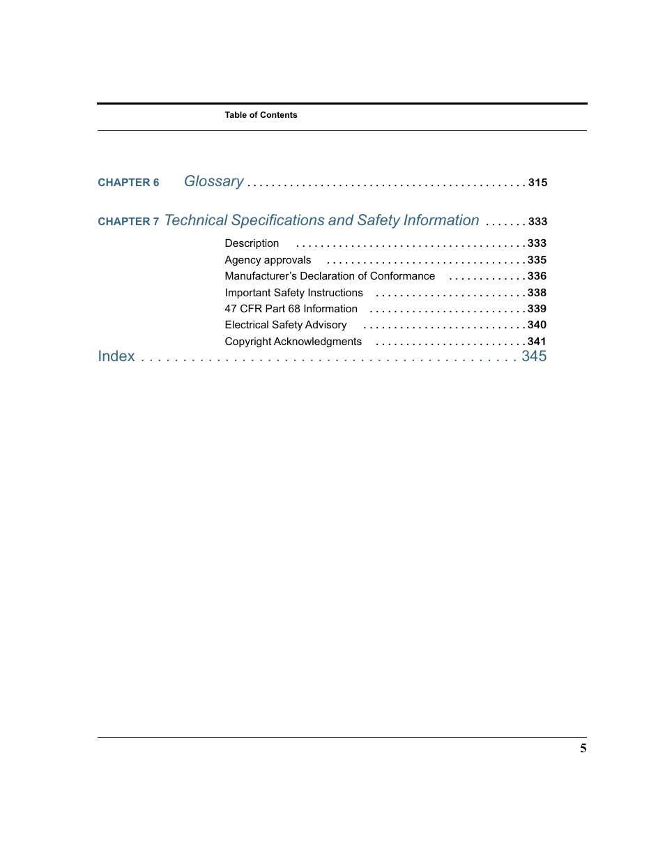 Glossary, Technical specifications and safety information, Index | Motorola 3347 User Manual | Page 5 / 351