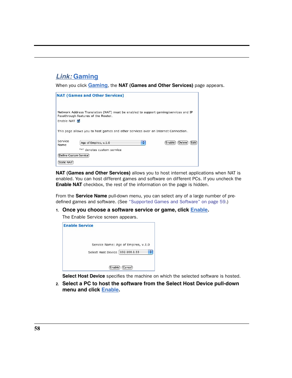 Link: gaming, Gaming, Link | Motorola 3347 User Manual | Page 58 / 351